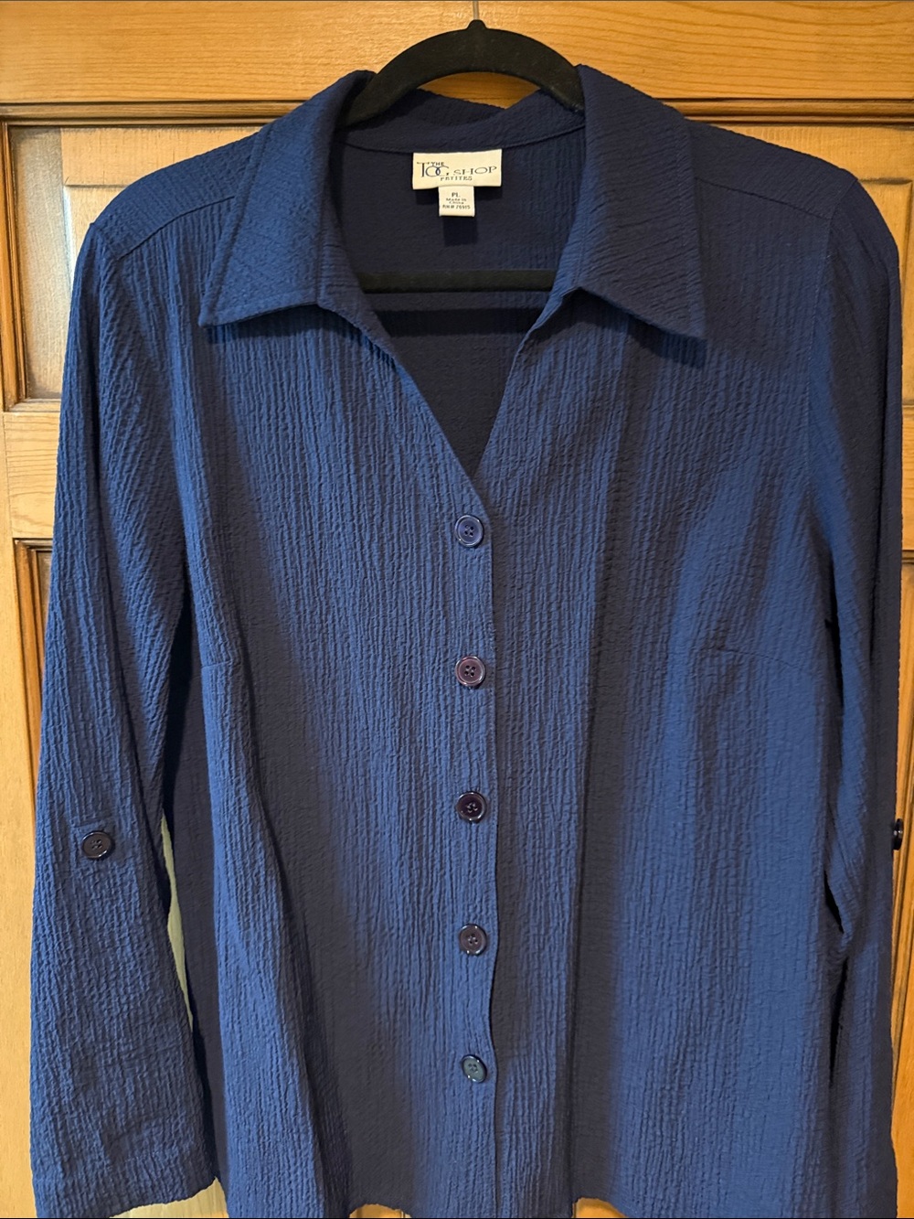 Navy Crinkle Button-Front Blouse